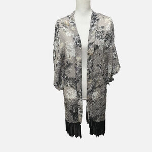 Cejon Kimono Beach Coverup Sz OS Gray Black Floral Fringe Semi‎ Sheer
